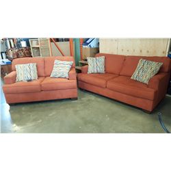 NEW ASHLEY SIGNATURE DESIGN CONTEMPORARY ORANGE SOFA AND LOVESEAT, WITH THROW PILLOWS, RETAIL $2499