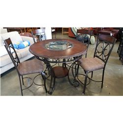 NEW ASHLEY SIGNATURE DESIGN ROUND COUNTER HEIGHT MAHOGANY WITH GLASS DINING TABLE, AND 4 ULPHOSTERED