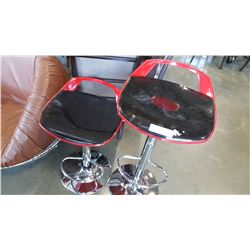 NEW PAIR OF MODERN BLACK/RED WITH CHROME BASE ADJUSTABLE HEIGHT BARSTOOLS, RETAIL $280 PAIR