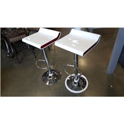 NEW PAIR OF MODERN WHITE/RED WITH CHROME BASE ADJUSTABLE HEIGHT BARSTOOLS, RETAIL $280 PAIR