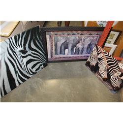 2 CANVAS ANIMAL PRINTS AND FRAMED ELEPHANT PICTURE