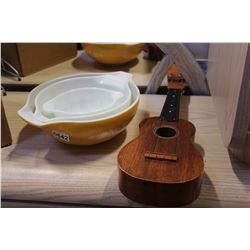 WHITE AND YELLOW PYREX BOWLS AND UKELELE