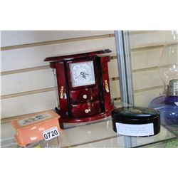 JEWELLRY CASE WITH CLOCK AND CONTENTS AND LACQUER DRESSER BOX AND CHILDS MUSICAL DRESSER BOX