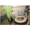 Image 3 : ART GLASS VASE, EGYPTIAN MOTIF CANDLE STICK, SWAN VASE, AND GLASS COVERED DISH