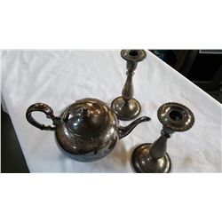 SILVER PLATE, ETCHED TEAPOT, AND LOT OF CANDLE STANDS