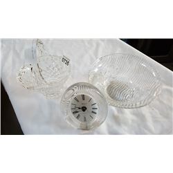 CRYSTAL BASKET BOWL AND CLOCK