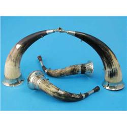 Two plated mounted Ancient Order of Forrester's horns, each applied with a central shield engrave...