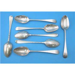 A harlequin set of 6 George III Old English Pattern silver dessert spoons, maker Hester Bateman,...