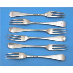 A set of 6 Victorian Old English Pattern three-prong silver dessert forks, maker George Adams, Lo...