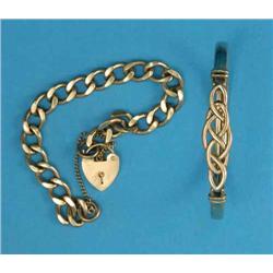 A 9ct. gold flattened curb link bracelet, with padlock clasp and a gold bangle with 'knot' front,...