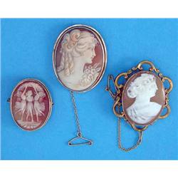 A shell cameo brooch, carved with a classical female profile in gold open scrolled frame and 2 la...