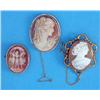 Image 1 : A shell cameo brooch, carved with a classical female profile in gold open scrolled frame and 2 la...