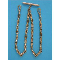 A heavy 9ct gold fancy link albert, with T-bar and clips, 75.2grms...