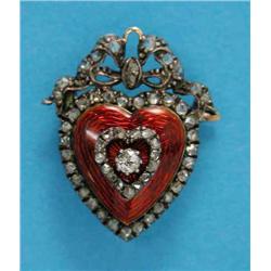 A Victorian gold and silver set diamond and red enamel heart shaped brooch, with tied ribbon surm...