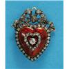 Image 1 : A Victorian gold and silver set diamond and red enamel heart shaped brooch, with tied ribbon surm...