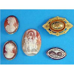 Two modern shell cameo brooches, an unframed shell cameo carved with dancing muses, a Victorian b...