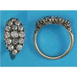 A Victorian gold cluster ring, the navette shaped bezel set 15 old brilliant-cut diamonds...
