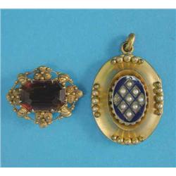 A Victorian gilt metal and blue enamel locket, set split pearls and a Victorian gold brooch set w...