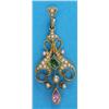 Image 1 : An Edwardian 15ct gold pendant, of open scroll design set with a square-cut green tourmaline and...