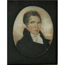 Early 19th C. English School watercolour on ivory miniature, Portrait of a young man, Oval, 2.75...