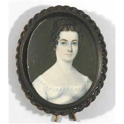 19th C. English School watercolour on ivory miniature, Portrait of a young lady in a white dress,...