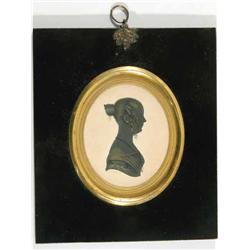 John Field (1772-1848) silhouette painted on paper, bronzed, Profile of a young lady with ringlet...