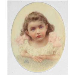 English School unframed watercolour on ivory miniature, Portrait of a girl with ribbon-tied dress...