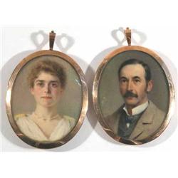 B.M.H pair of watercolours on ivory, Portrait miniatures of a husband and wife, one initialled, r...