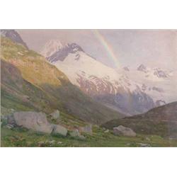 A B Nowell watercolour, Rainbow over an alpine valley, signed, 15 x 22 ins....