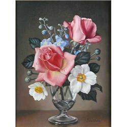 James Noble (1919-1989) pair of oils on canvas, 'Freshly picked Roses' and 'Flowers from my garde...