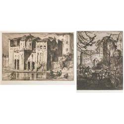 Sir Frank Brangwyn (1867-1956) two unframed etchings, 'Old Houses on the Tiber' and 'Canal, Ghent...