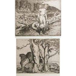 Sir Frank Brangwyn (1867-1956) two unframed etchings, 'The Water Carrier' & 'A Sussex Farm', F.A....