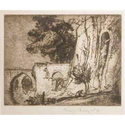 Sir Frank Brangwyn (1867-1956) unframed etching, 'Bridge over the Tarn', F.A.S 180, signed in pen...
