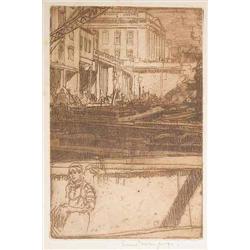 Sir Frank Brangwyn (1867-1956) unframed etching, Portion of London Bridge No.1 - Fishmongers Hall...