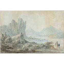 Antony Devis (1729-1817) watercolour, Travellers above a town, overhung by cliffs, 5.25 x 8 ins....