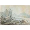 Image 1 : Antony Devis (1729-1817) watercolour, Travellers above a town, overhung by cliffs, 5.25 x 8 ins....
