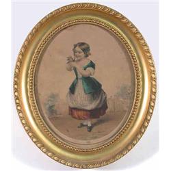 French School coloured lithograph, Girl with a songbird, Oval, 8 x 6 ins....