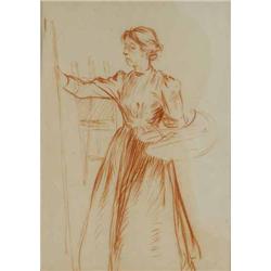 Elinor Mary Monsell (Darwin) Exh.1899-1929. sepia chalk, Gwen John sketching at an easel, leaf fr...