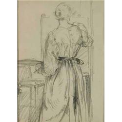 Elinor Mary Monsell (Darwin) Exh.1899-1929. pencil, Gwen John sketching, rear view, leaf from ske...