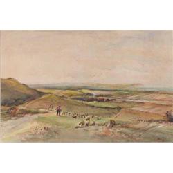 Fred Rider watercolour, Shepherd and flock in an open landscape, signed, 8 x 12 ins....