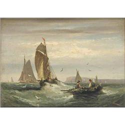 William Thornley (1857-1935) pair of oils on board, Fishing boats off the coast and Entering harb...