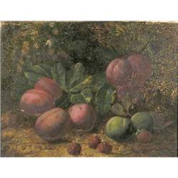 Attributed to Oliver Clare (1853-1927) oil on canvas, Still life of plums and raspberries, 8 x 10...