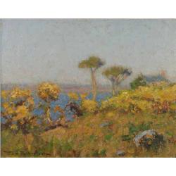 Tom Robertson (1850 - 1947) oil on board, Gorse on cliff tops, signed, 7.5 x 9.5 ins....