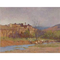 Tom Robertson (1850 - 1947) oil on wooden panel, 'Palace of the Kaid of Armsmiz - from the river'...