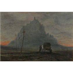 Attributed to Albert Goodwin (1845-1932) watercolour, Coach before Mont St. Michel, 7 x 10.5 ins....