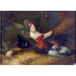 19th C. English School oil on wooden panel, Chickens in a barn, 7 x 9.25 ins....