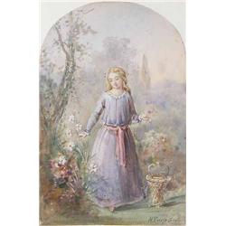 Henry Earp Snr (1831-1914) watercolour, Girl in a garden, picking flowers, signed, 10 x 6.5 ins....