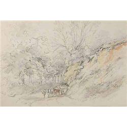 Henry Earp Snr (1831-1914) watercolour, pen and ink, 'Reigate, Surrey', cart on a wooded lane, 8...