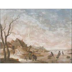Hendrik Willem Schweickhardt (1746-1797) German oil on wooden panel, Winter landscape with figure...