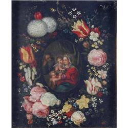 Zieellinus oil on copper panel, Holy Family within a floral cartouche, 7 x 6 ins....